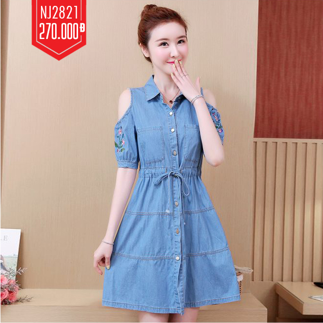 ĐẦM JEAN ĐẸP CỔ SƠ MI KHOÉT VAI THÊU HOA